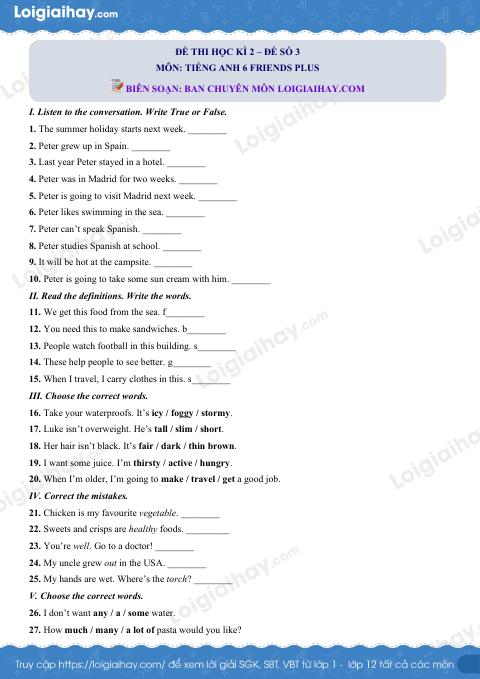 Đề thi học kì 2 Tiếng Anh 6 Friends Plus - Đề số 3